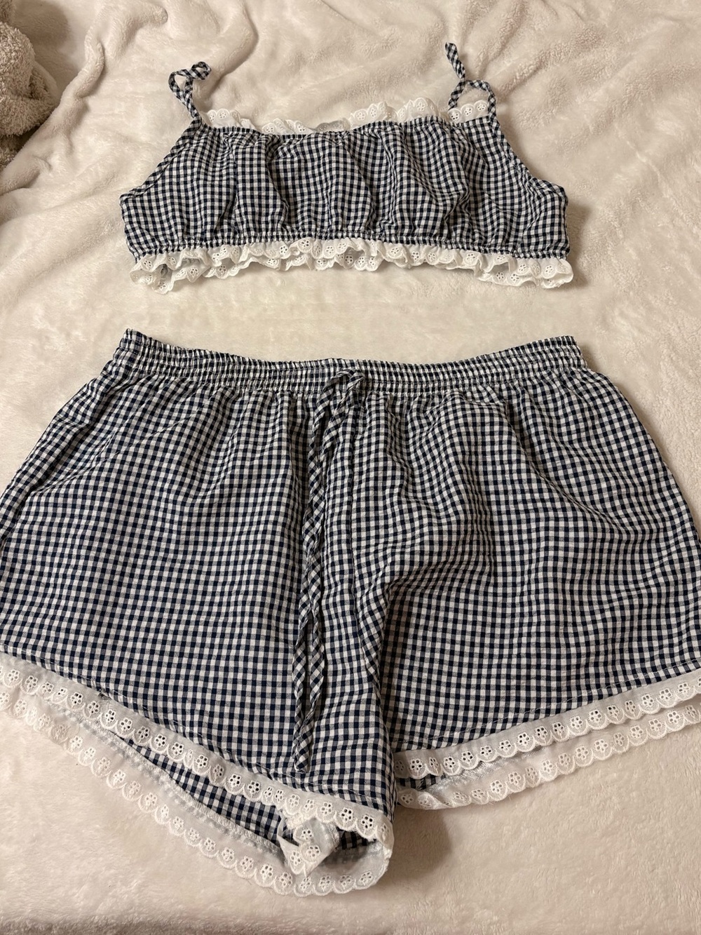 Navy & White Gingham Lace-Trim Cami Set